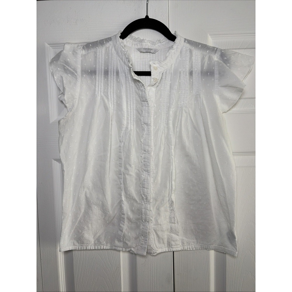 Lucky Brand Swiss Dot Pintuck Blouse Womens Size M White Cotton Top Flutter